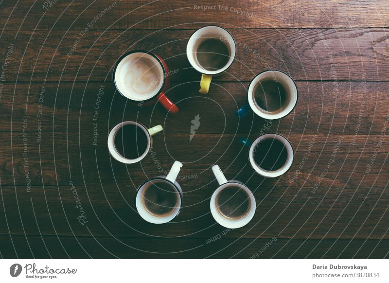 different cups of coffee table beverage breakfast cafe drink brown aroma arabica background morning many black set espresso foam assortment various top view art