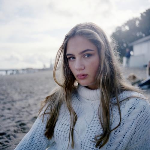 Blonde girl in white knitted sweater at the Baltic Sea beach Landscape Beach Intensive teen kind Nature feminine Uniqueness Exceptional natural light