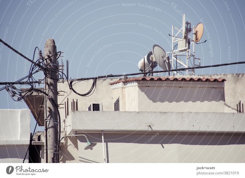 Recipient meets architecture Dish antenna Flat roof Sky Architecture Facade House (Residential Structure) Electricity pylon power cable Wireless Compass point