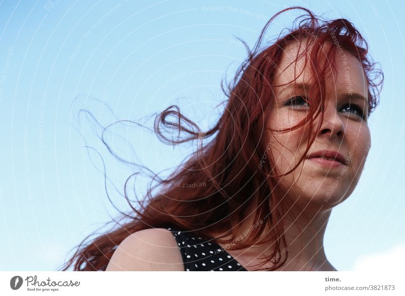 Nika Woman Feminine Red-haired windy Smiling Sky Dress portrait Upward Curl cheerful Fresh confident