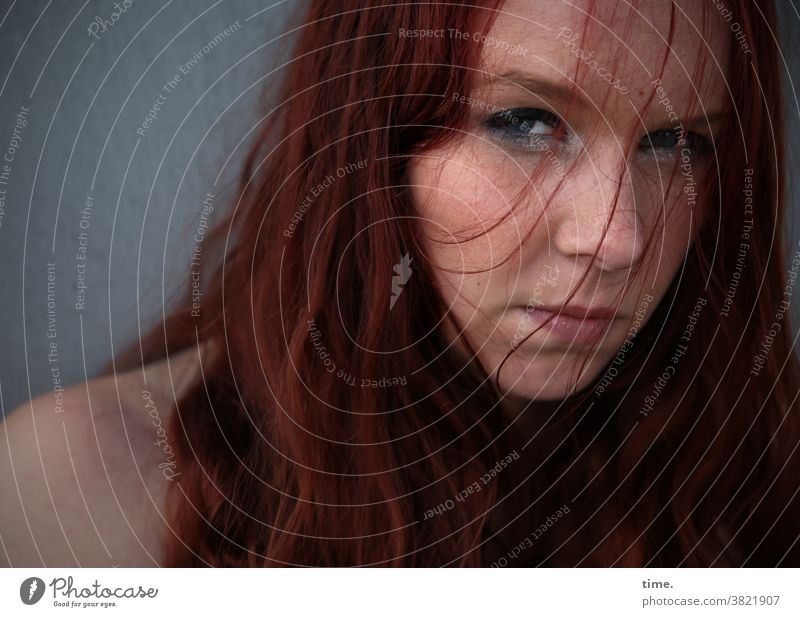 Nika Woman Looking Long-haired Red-haired Skeptical Shoulder scrutinizing wisps portrait Feminine