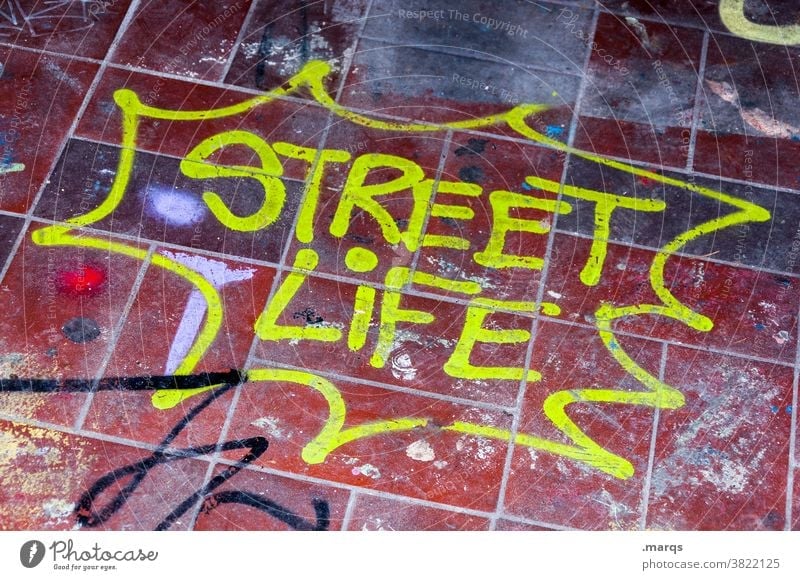 street life street art Graffiti Characters Colour Yellow Red Paving tiles Floor covering urban Subculture Youth culture Daub
