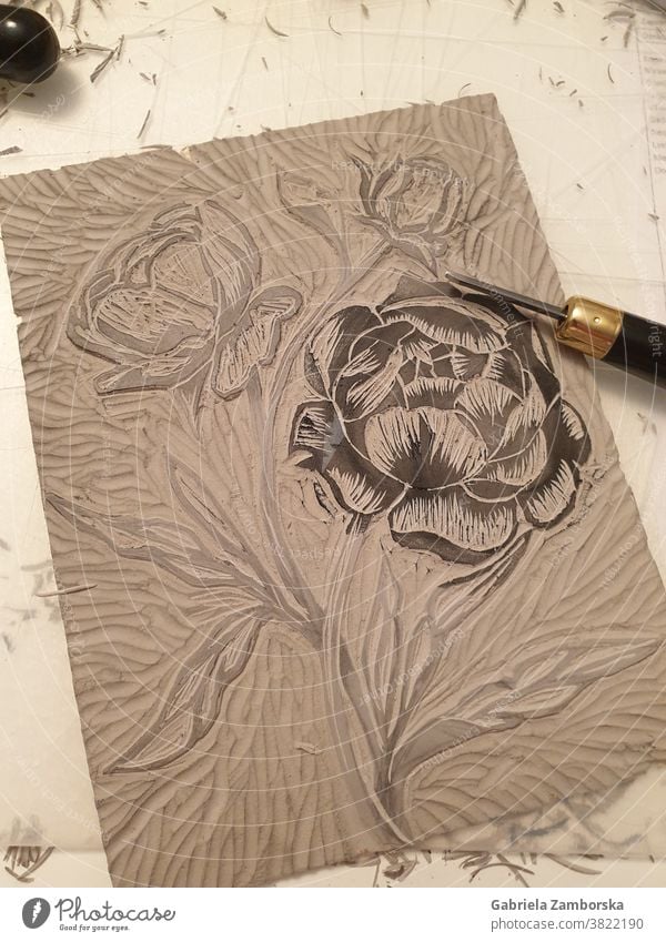 Linoleum cut from peony blossoms flowers Art Cut Peony Paeonia handcrafted Black romantic Printing cutting knife Vintage Pattern Antique Retro Drawing Floral