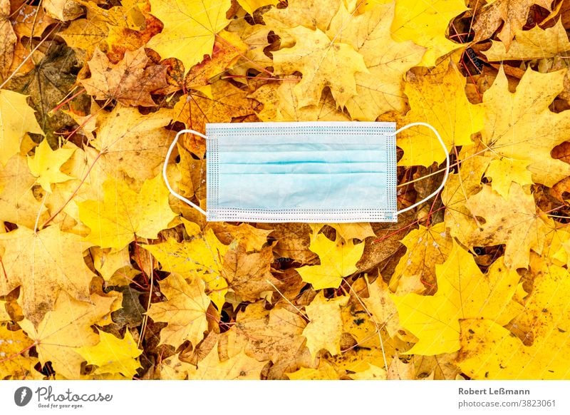 a breathing mask lies on autumn leaves Mask foliage Autumn corona covid-19 Respirator mask Disposable masks mouth-nose cover utilised golden october wave of flu