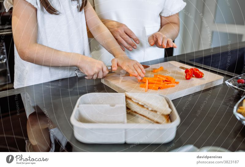 Unrecognizable mother teaching her daughter to cut vegetables for lunch box unrecognizable teaching cut food carefully knife preparing cooking detail hands
