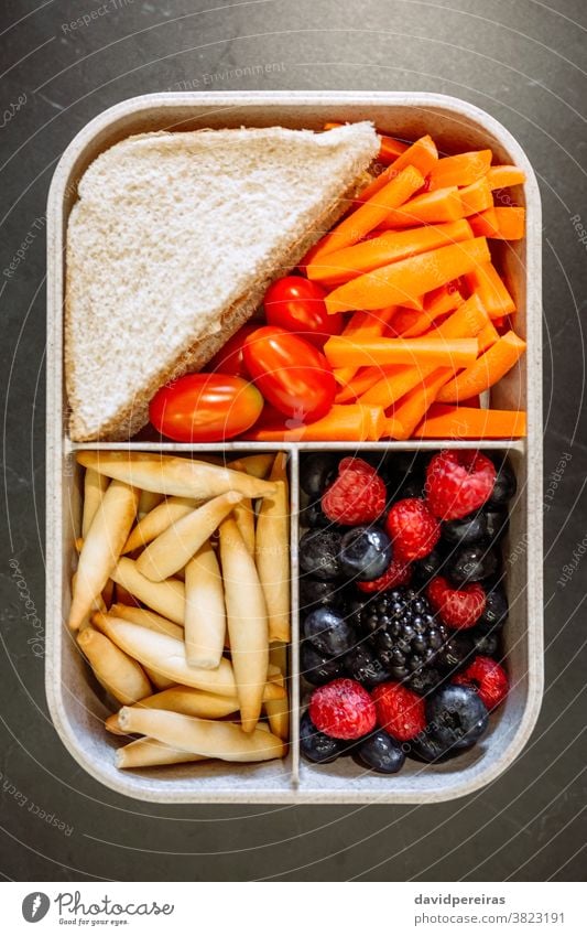 Top view of lunch box with healthy food top view healthy nutrition vegetarian take-away work school snack sandwich raw lunch box compartments tomato fruit meal