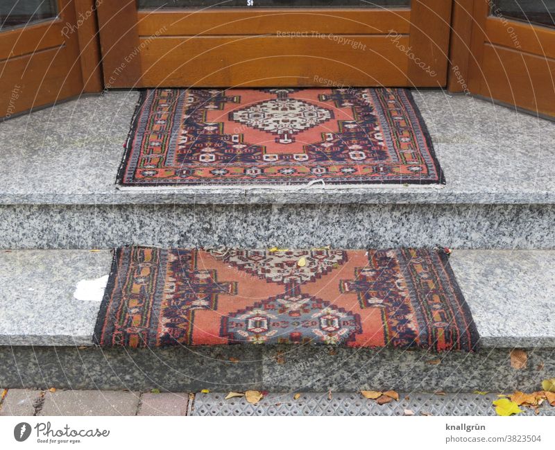 Steps of a shop covered with carpet Store premises Carpet Protection Red carpet Exterior shot Stairs Entrance entrance area stagger Pattern Colour photo Brown