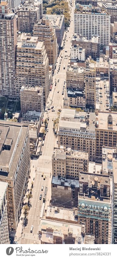 Retro toned aerial view of New York City, US. new york city street manhattan building retro filtered urban vintage city life USA roof high above NYC