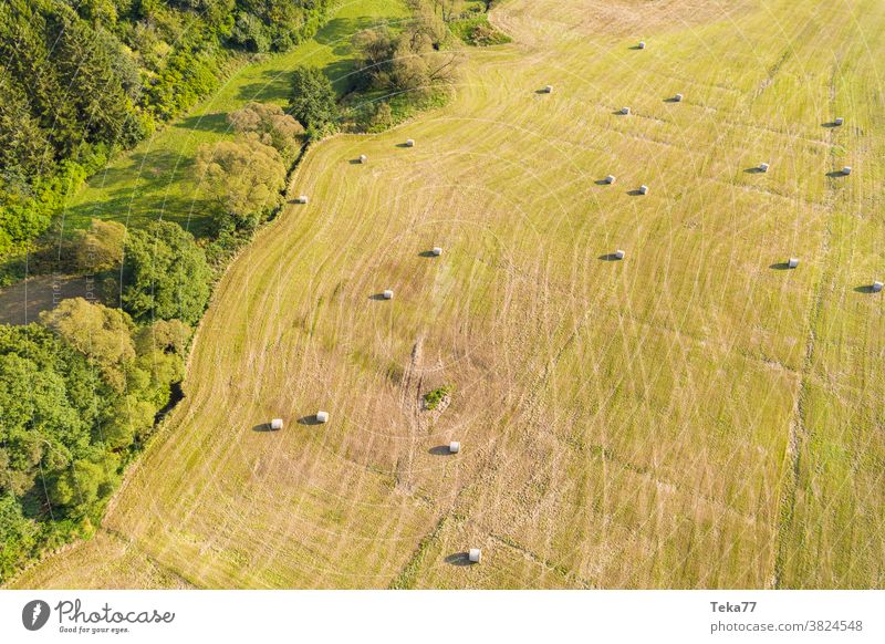a large meadow with hay bales from above farming farm grounds grass tractor food animal sunny