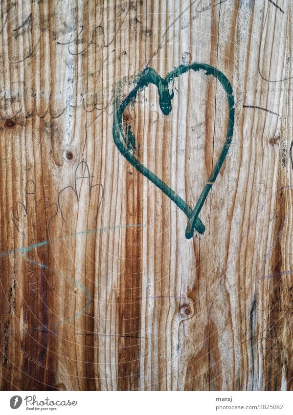 Two small penises and a green heart painted on wood Heart Penis Wood Wood grain Green stylized Detail Love Romance Heart-shaped Emotions Infatuation