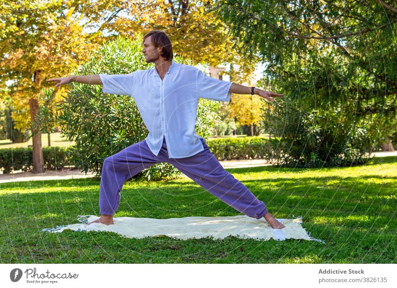 Man doing yoga in Warrior pose in park warrior pose yogi man asana practice virabhadrasana tranquil nature male lush garden serene summer concentrate zen