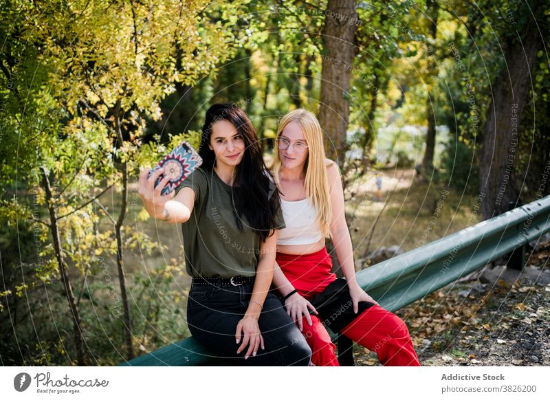 Young girlfriends taking selfie on roadside near forest women autumn countryside together smartphone nature positive young female gadget device friendship