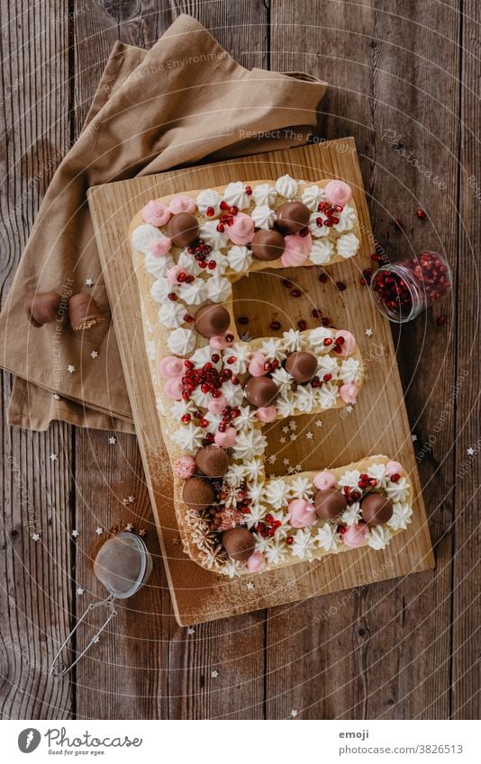 letter cake | letter cake E Cake Baking Dessert Wood Wooden board Pomegranate Chocolate marshmallows Self-made calories cute Vanilla pod Gateau