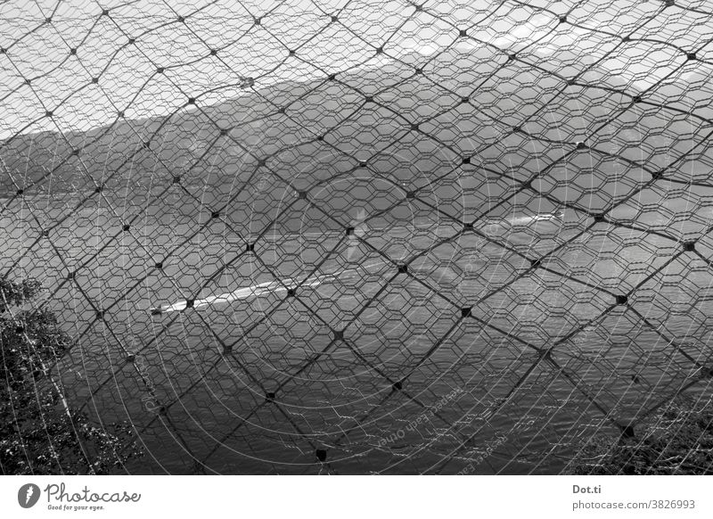 Lake Garda boats Net Catching net safety net Mountain Black & white photo Vantage point bank structure
