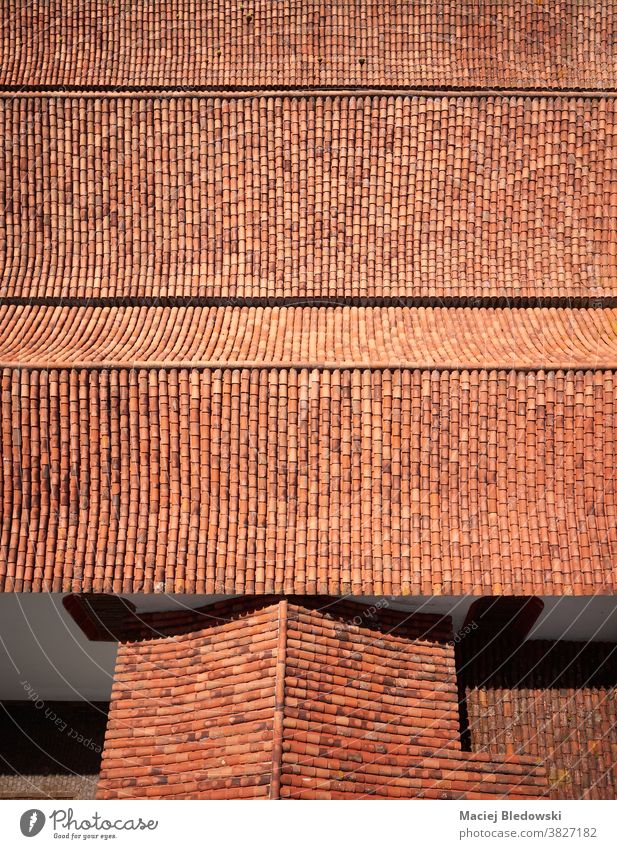 Picture of an old clay tile roof from above. pattern house red building architecture Spain Tenerife aerial outdoors ancient exterior photo