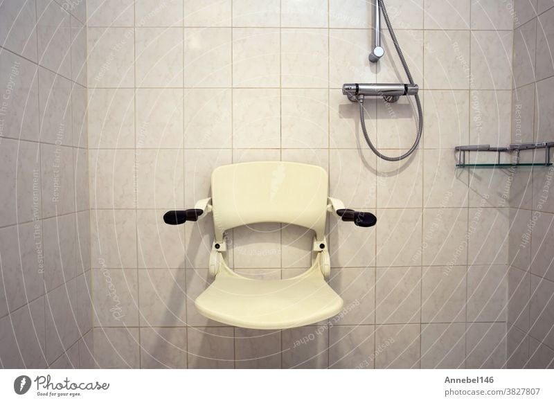 Shower seat wall mounted for disabled person or elderly, shower for handicapped or senior home access interior lavatory nursing old patient restroom safe safety