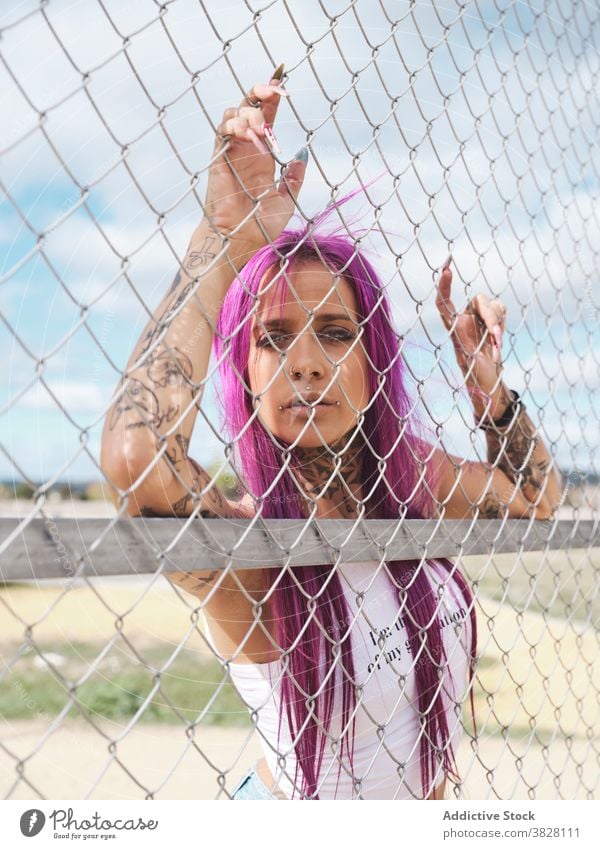 Charming woman with tattoos behind metal net pink hair informal appearance grid city style individuality female lean urban stand charming calm carefree