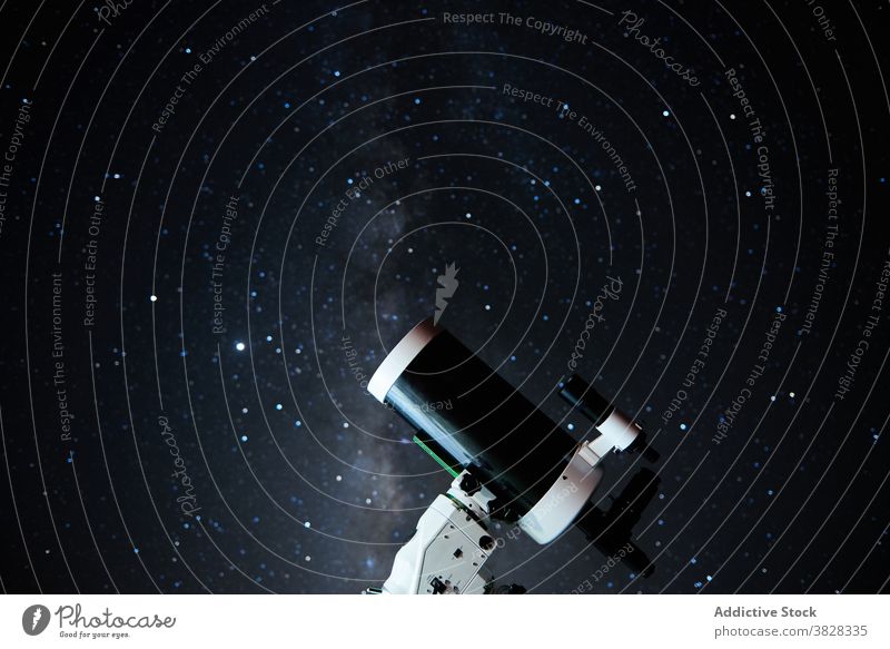 Optical telescope against night starry sky explore dark cosmos optical galaxy discovery astronomy environment observe science technology universe tool device