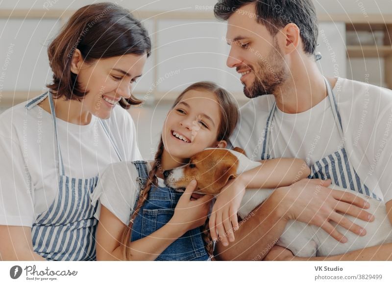 Happy lovely family smile and express sincere emotions, enjoy spending time together at cozy home. Smiling little child glad parent bought her new pet, cuddle jack russell terrier with love and care.