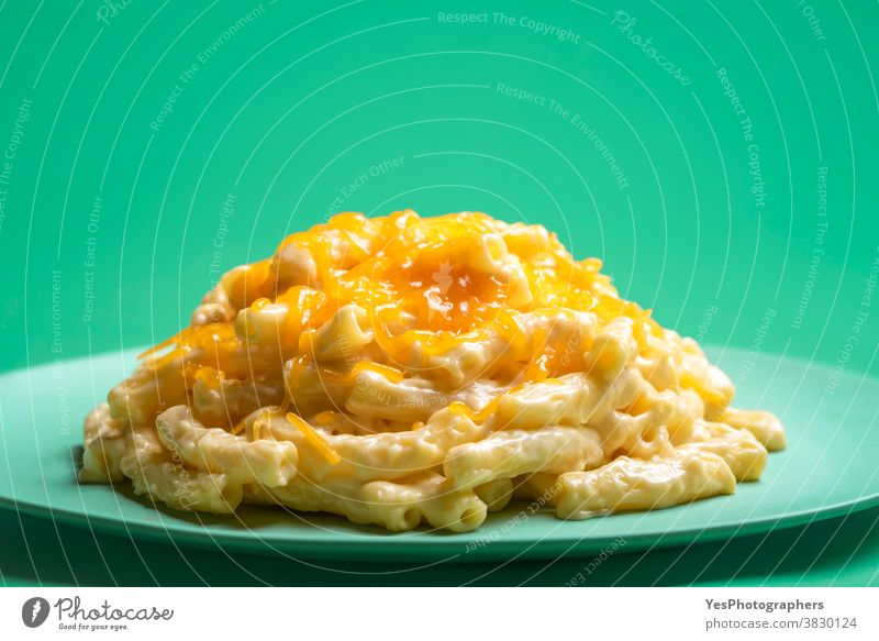 Mac and cheese portion on a green background. Macaroni with cheese on a plate. american carbs cheddar close-up comfort food copy space creamy cuisine cut out