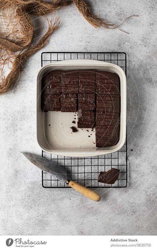 Brownie cake in baking pan browinie chocolate baked piece cut dessert homemade sweet food kitchen cook prepare delicious tasty pastry cuisine tradition culinary