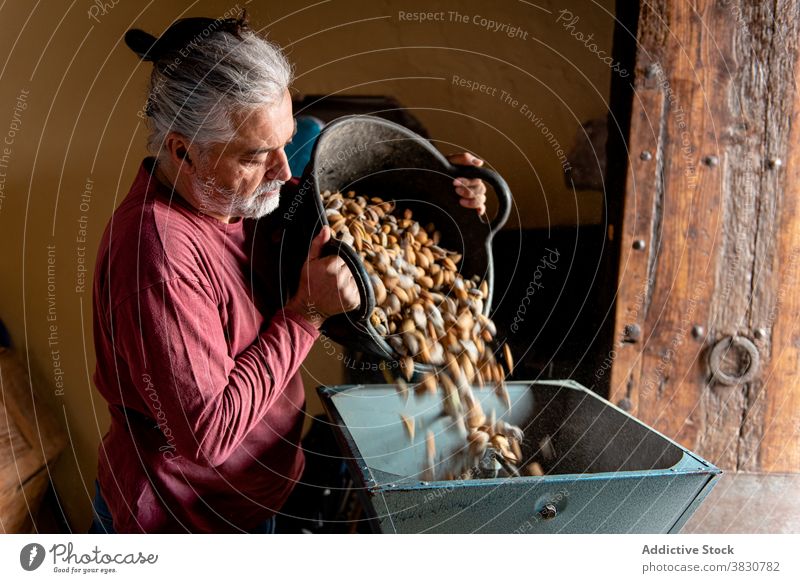 Senior man putting almonds in nut cracking machine tool farmer nutshell male floor room old furniture barn door senior messy aged casual occupation business job