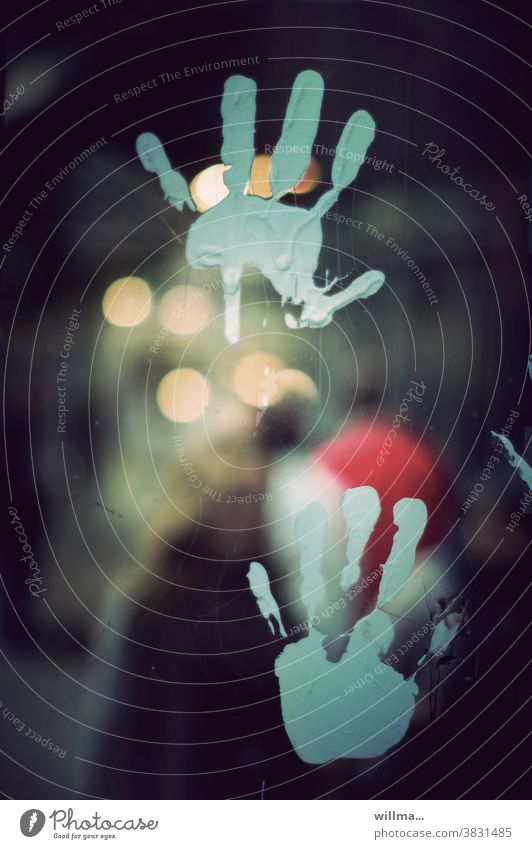 The desire to touch handprint Colour Pane hands Touch Contact Fingers Imprint Evening Contact attempt light blue contact