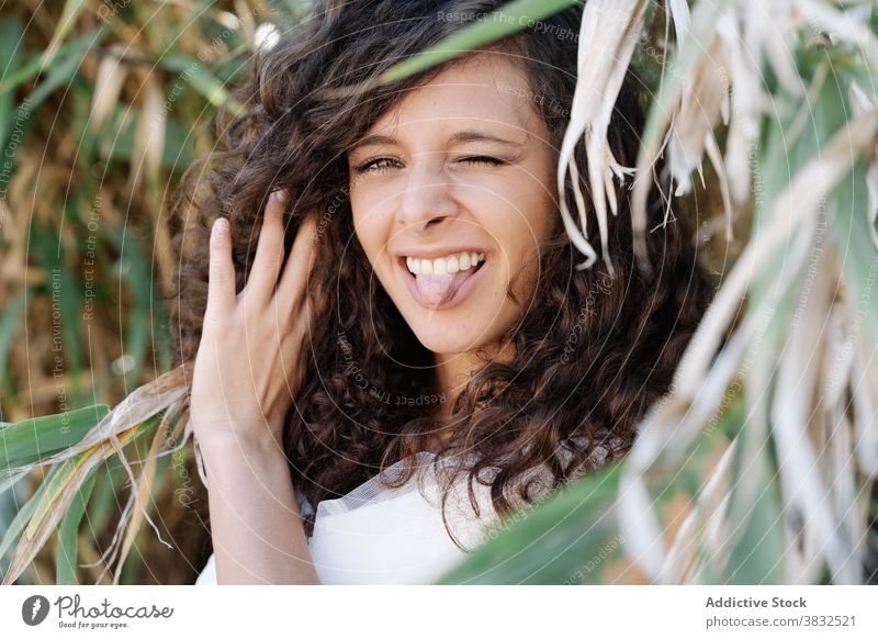 Happy cheerful woman with tongue out happy flirt palm coquette glad positive curly hair enjoy grimace make face foliage tree verdant female fun plant young