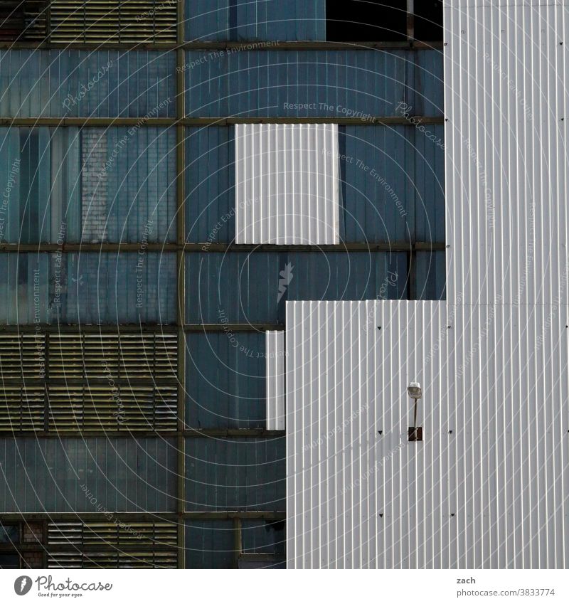 tetris Building Industry Industrial plant Industrial site Industrial Photography Facade Factory Factory hall Blue White Line lines Structures and shapes