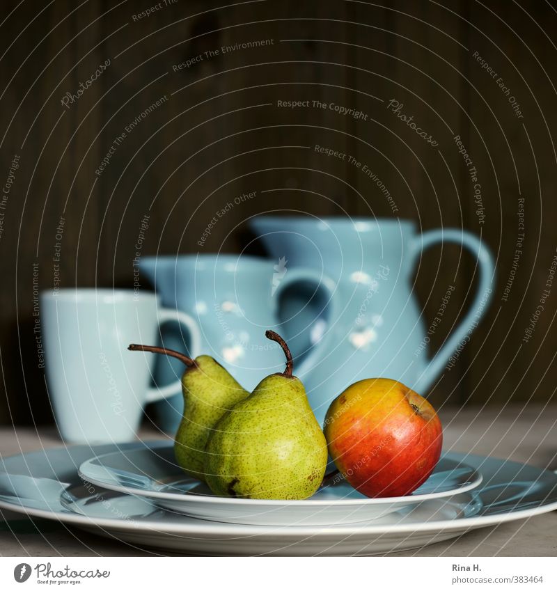 Apple & Pears Fruit Crockery Plate Mug Blue Green Red Still Life Water jug Colour photo Exterior shot Deserted Copy Space top