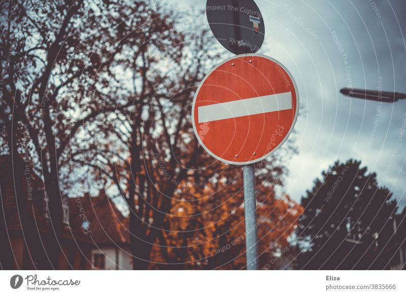 No entry Traffic sign. One-way street. forbidden Road sign Signage Road traffic Autumn Bans