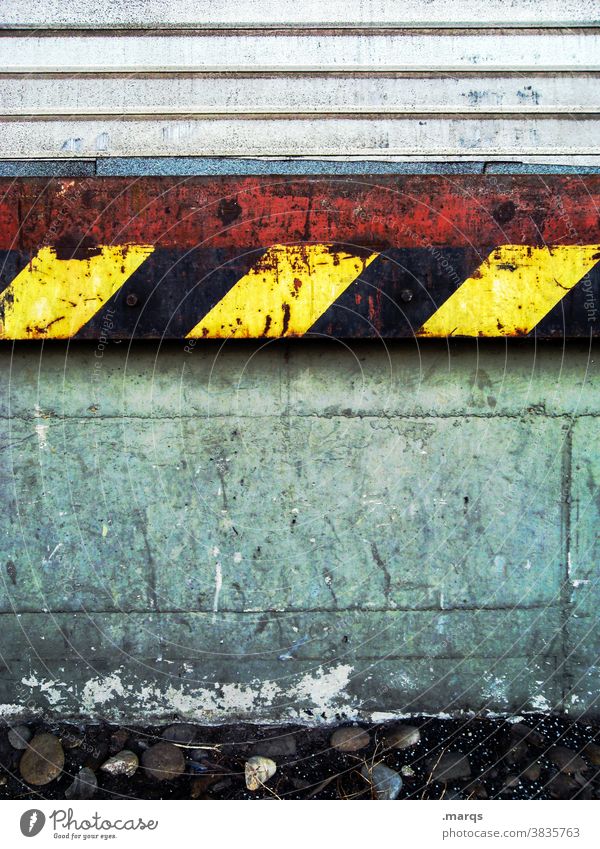 scrap metal Yellow Black Stripe Metal Old Rust Wall (barrier) roller shutter Closed Structures and shapes Line Decline