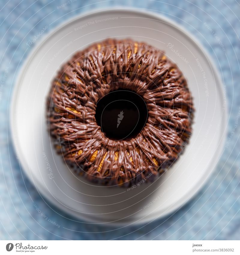 Cake on plate with chocolate icing in top view, weak depth of field from on high plan Baking Food Kitchen Self-made cute Fresh Blue Brown Eyes iris Square