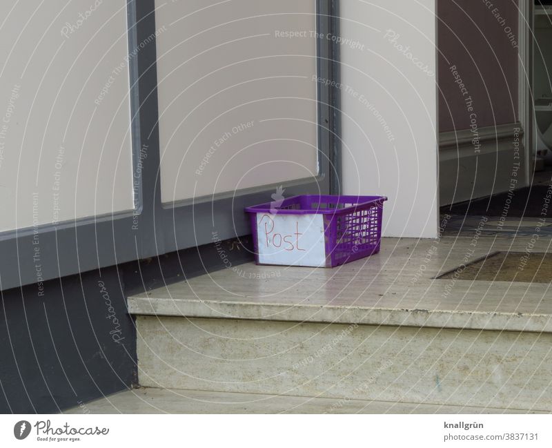 Purple plastic basket for mail in front of an entrance door Mail Containers and vessels Entrance Plastic Plastic basket stair treads Exterior shot Day Deserted