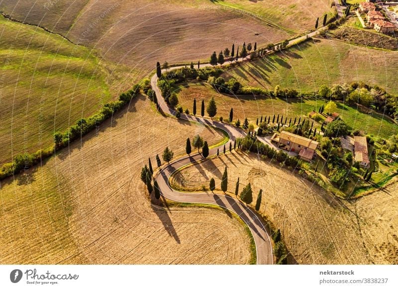Winding Road and Fields in Pienza Italy Aerial View road Tuscany agriculture field rural landscape farmland countryside winding house road less travelled sunny