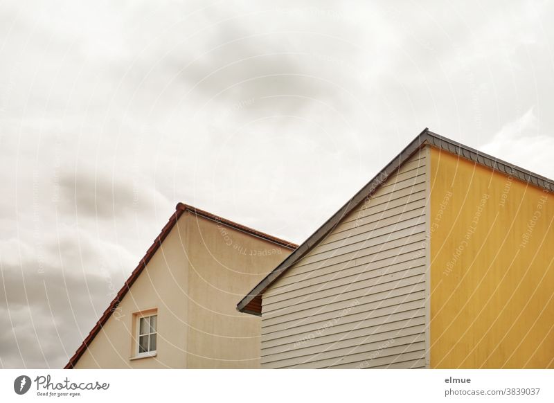 Two different gable walls, one of them with window, in cloudy weather pediment house gables dwell House (Residential Structure) Wood Window Building Facade