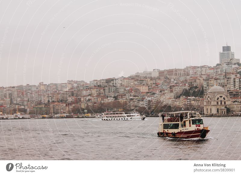 Boats on the Bosporus Istanbul The Bosphorus ships Turkey Exterior shot Town Deserted hazy cloudy Port City Vacation & Travel Tourist Attraction City trip
