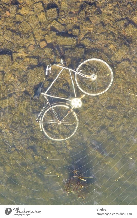 Bicycle thrown into a body of water. Bicycle lying at the bottom of a body of water Water Disposed of stolen Environmental pollution Vandalism Scrap metal River