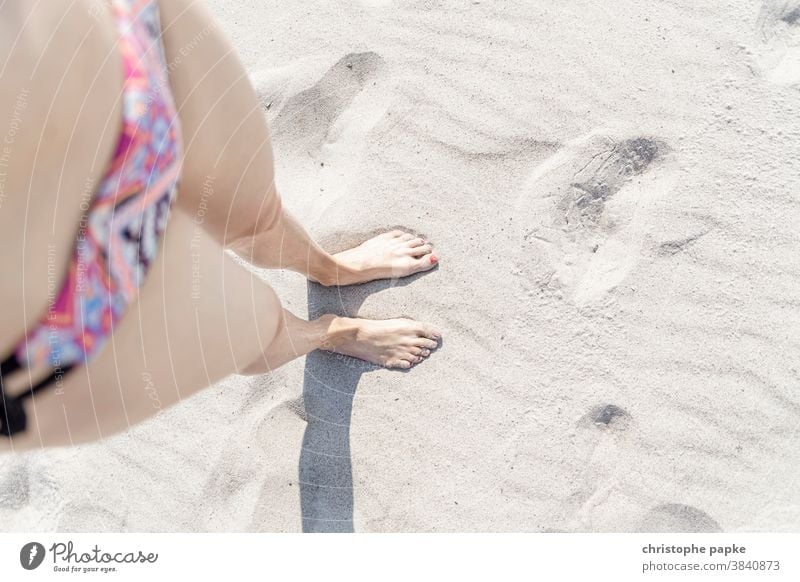 Female feet in the sand feminine Woman Sand Beach Summer Feet Legs Barefoot Ocean Vacation & Travel Toes Relaxation Exterior shot Human being Sandy beach Bikini