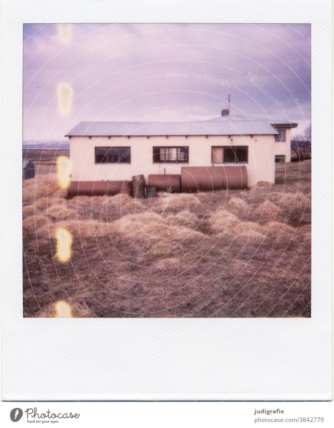 Icelandic house on Polaroid House (Residential Structure) Hut dwell Tank Window Meadow Exterior shot Building Loneliness Living or residing Colour photo
