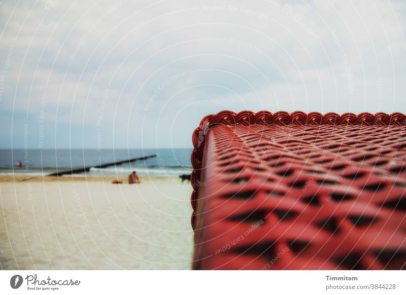 Baltic Sea, groyne, sand and wicker beach chair Beach chair Sand Break water Water Sky Horizon Red Blue Brown White