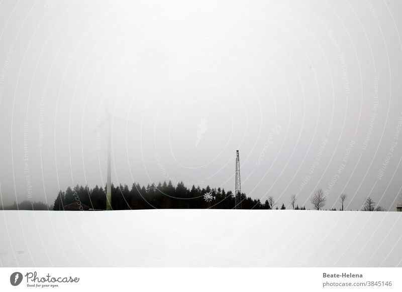 Black forest in fog Black Forest trees Pinwheel Fog alternative energy grey in grey Snow cloudy weather Gray Nature Weather Deserted Exterior shot Landscape