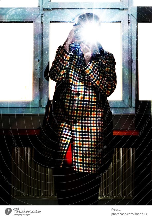 Onlineshopping: blown away - the coat went back. hands Arm Selfie Flash photo Skirt Mirror Mirror image Woman camera Photography Sit Window Table Coat