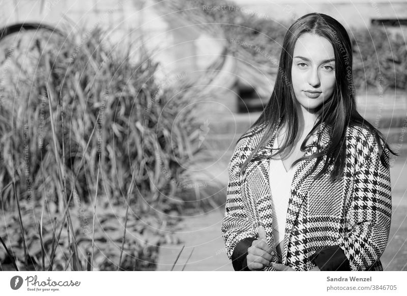 Black and white portrait of a young woman Model Attractive Fashion Woman teenager Girl Beauty & Beauty Contentment Advertising Self-confidence perfection