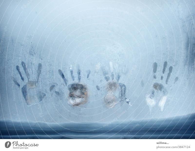 Caution cold! handprint Ice Window Frost Winter Frozen iced Cold icily Snow winter Window pane hands frozen