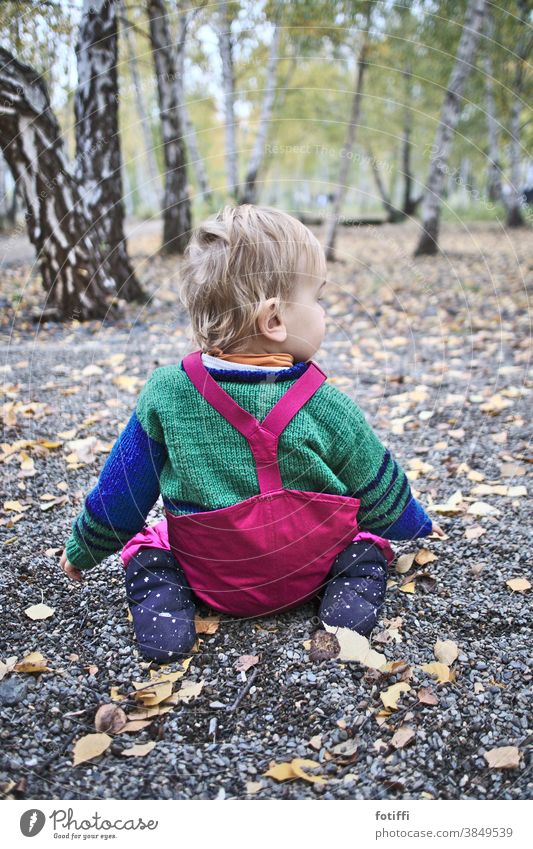 Little Knirbs sits in the light birch forest Kid Child Toddler Autumn Birch tree Forest out Exterior shot Nature Rain pants Wool sweater Discover Freedom naïve