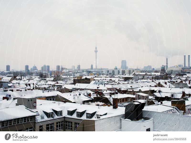 Cold lies on the great city Roofscape Horizon Kreuzberg Winter Snow Capital city Berlin TV Tower Town Moody Vantage point Silhouette Panorama (View) Sky Quarter