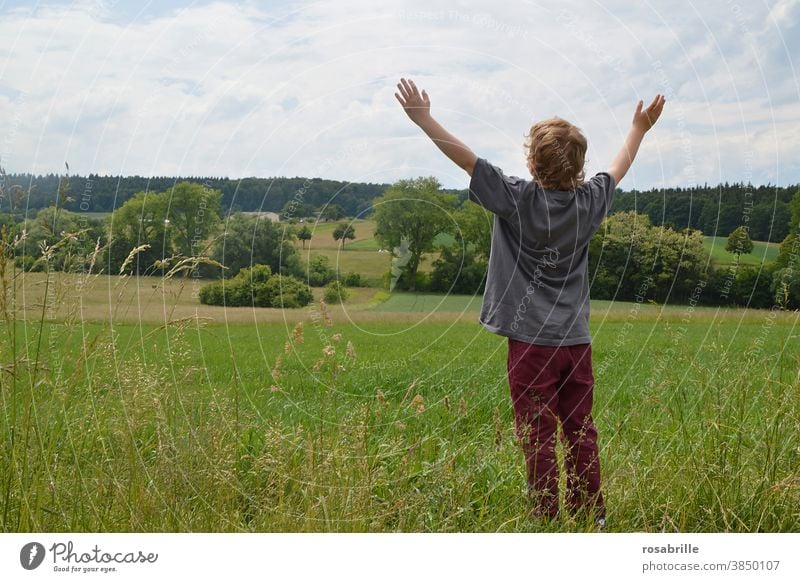 400 | Yay! Child Field Meadow arms raised Joy pleased adore Marvel Rear view Anonymous Unidentified Boy (child) Arable land Landscape prices eulogy