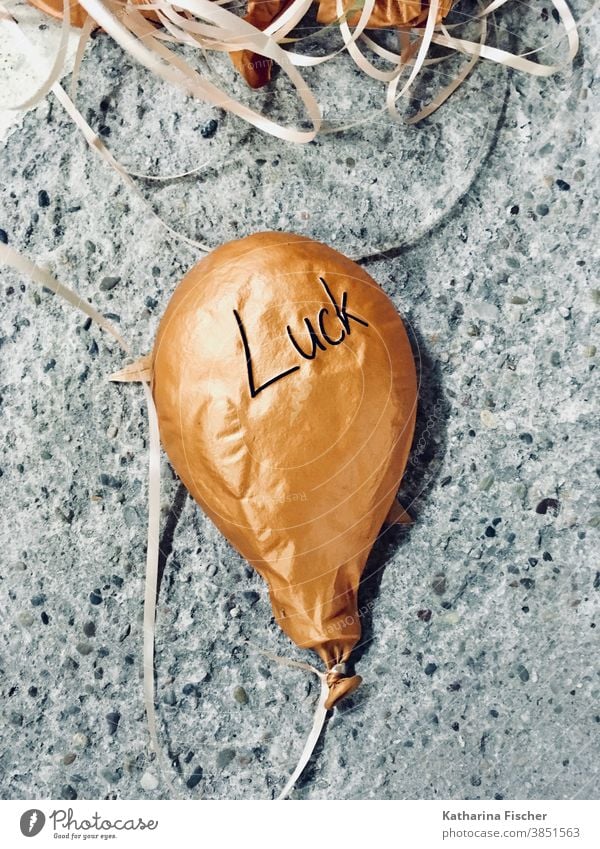 Good luck! Balloon gold lettering luck English Gold Happy Colour photo Deserted Day Ground embassy Sign Desire Emotions Characters Graffiti Letters (alphabet)