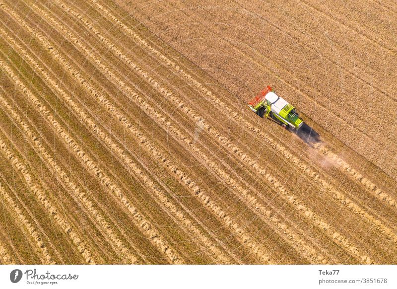 a combine harvester mows a wheat field from above wheat harvester sun sunny combine harvester from above food ripe red green white dust bread flour